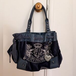 Juicy Couture Daydreamer Bag in Dark Blue Velour with Rhinestone Heart Charm